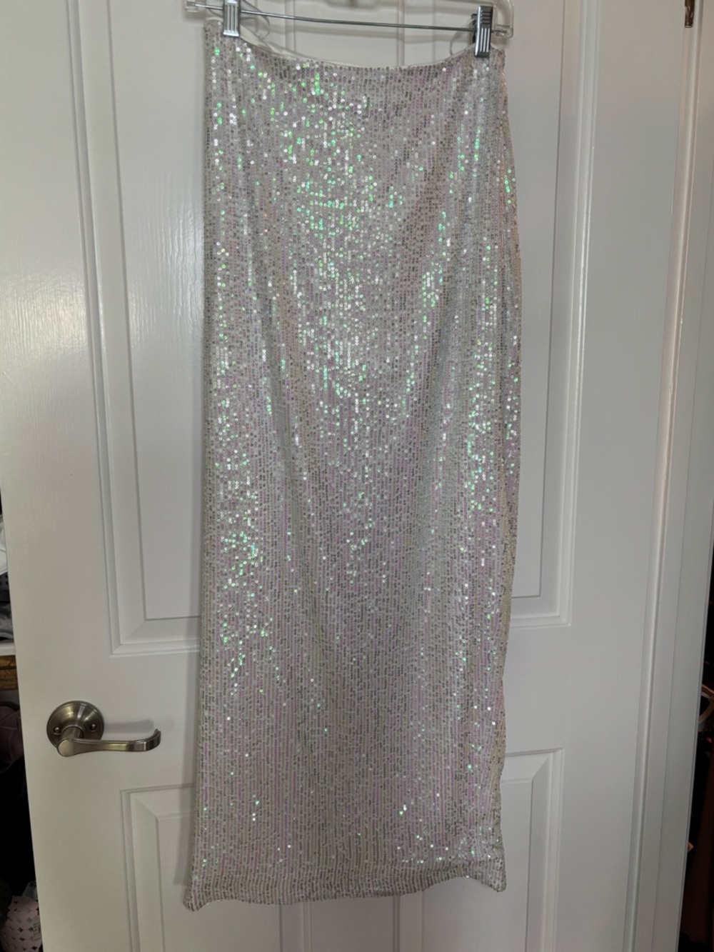 EUC SELF MADE Sequin Midi Skirt in Iridescent White Size S